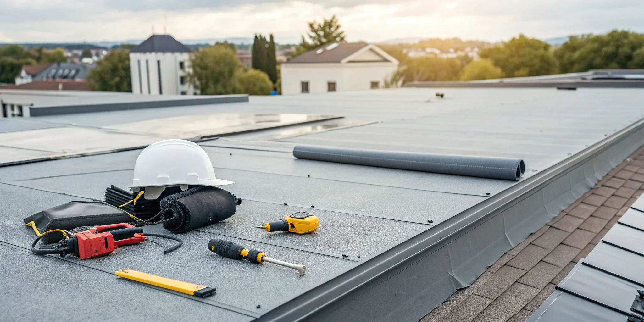 Materials and tools for a flat roof repair, which factor into the cost per square foot.