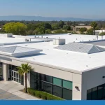 Professional commercial roofing contractors at work on a flat roof in Southern California.