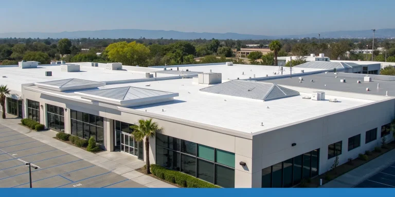 Professional commercial roofing contractors at work on a flat roof in Southern California.
