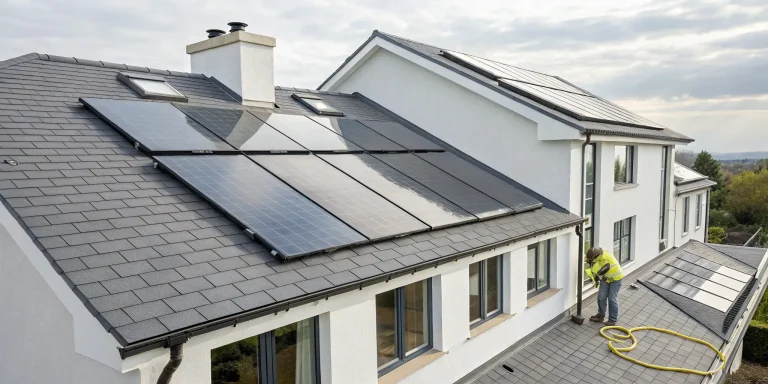A worker on a roof applies sealant to fix a leaking skylight.