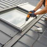 Using a drill and sealant to fix a leaking skylight on a metal roof.