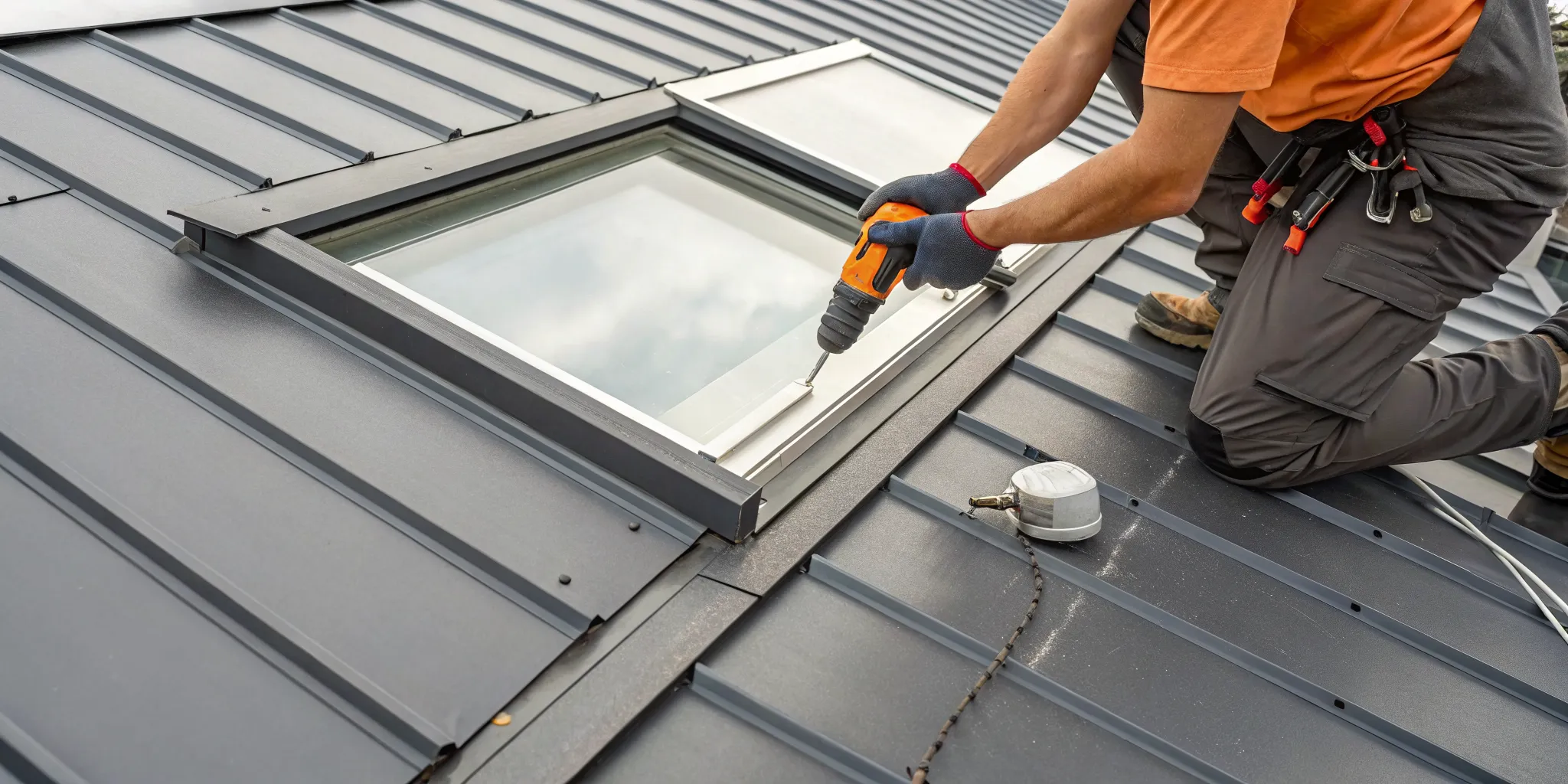 Using a drill and sealant to fix a leaking skylight on a metal roof.