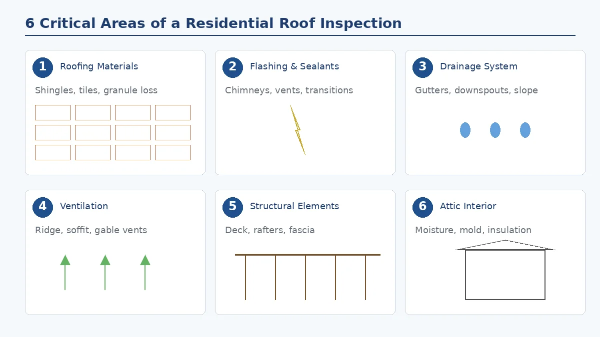 Six critical areas of a residential roof inspection infographic