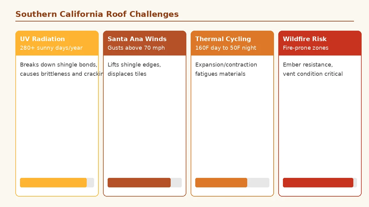 Southern California roof challenges including UV radiation and Santa Ana winds