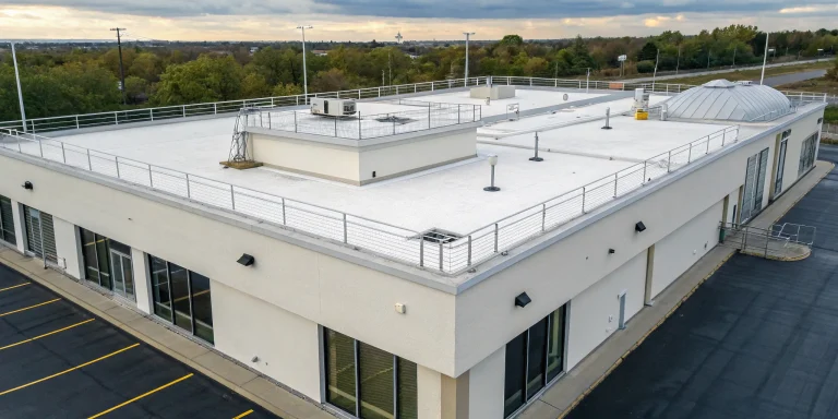 A secure flat roof with perimeter security fencing and rooftop equipment.