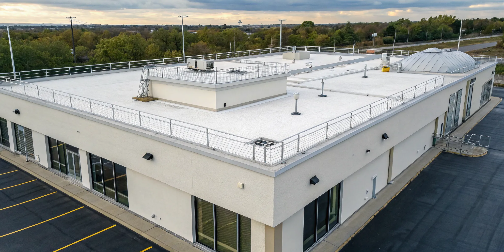 A secure flat roof with perimeter security fencing and rooftop equipment.