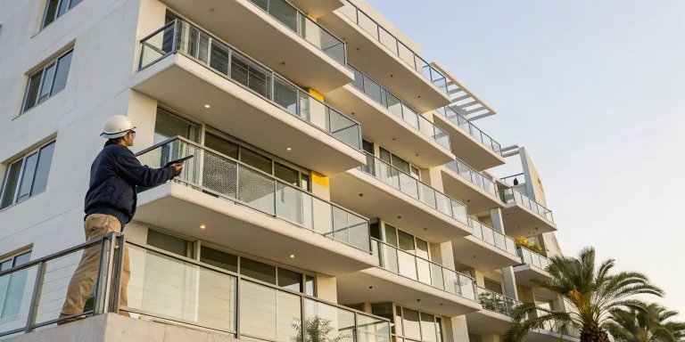 A licensed inspector checks a condo balcony for structural safety requirements in California.