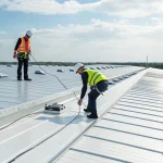 Contractors conducting a commercial roofing maintenance inspection on a metal roof.