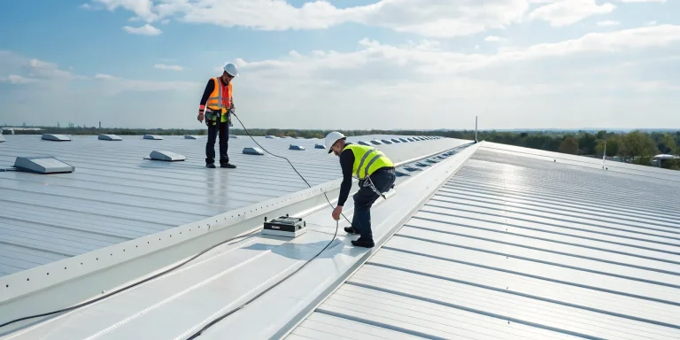 Contractors conducting a commercial roofing maintenance inspection on a metal roof.