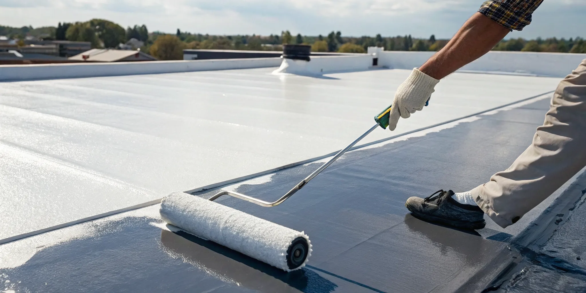 Worker applying flat roof sealant with a roller for a roof repair.
