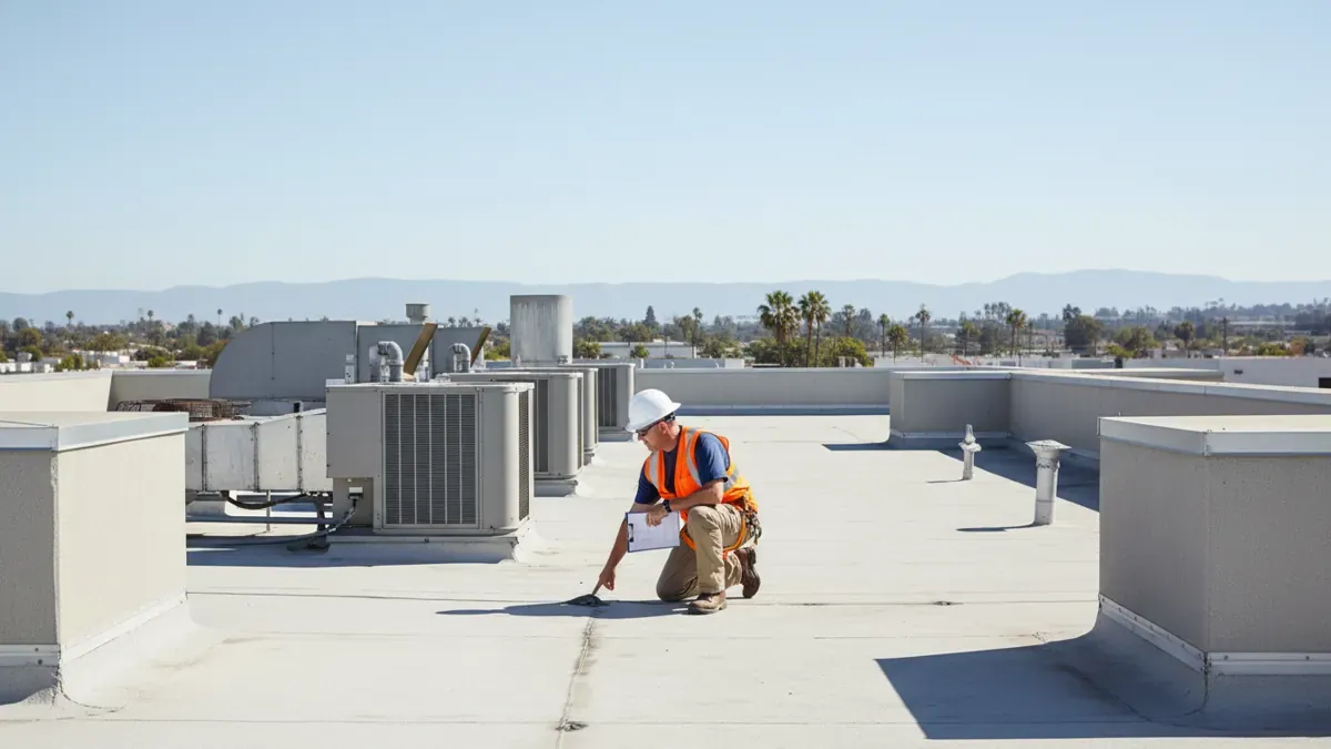 NRCIA-certified inspector performing a commercial roof inspection on a flat roof