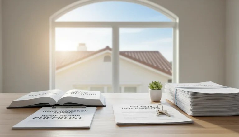 Escrow roof repairs California documents on a closing desk
