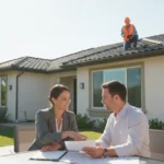 Roof inspector reviewing certification documents with California home buyers