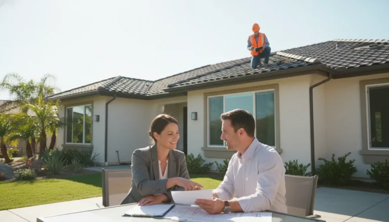 Roof inspector reviewing certification documents with California home buyers