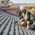 Certified roof inspector examining shingles on a residential home in Southern California