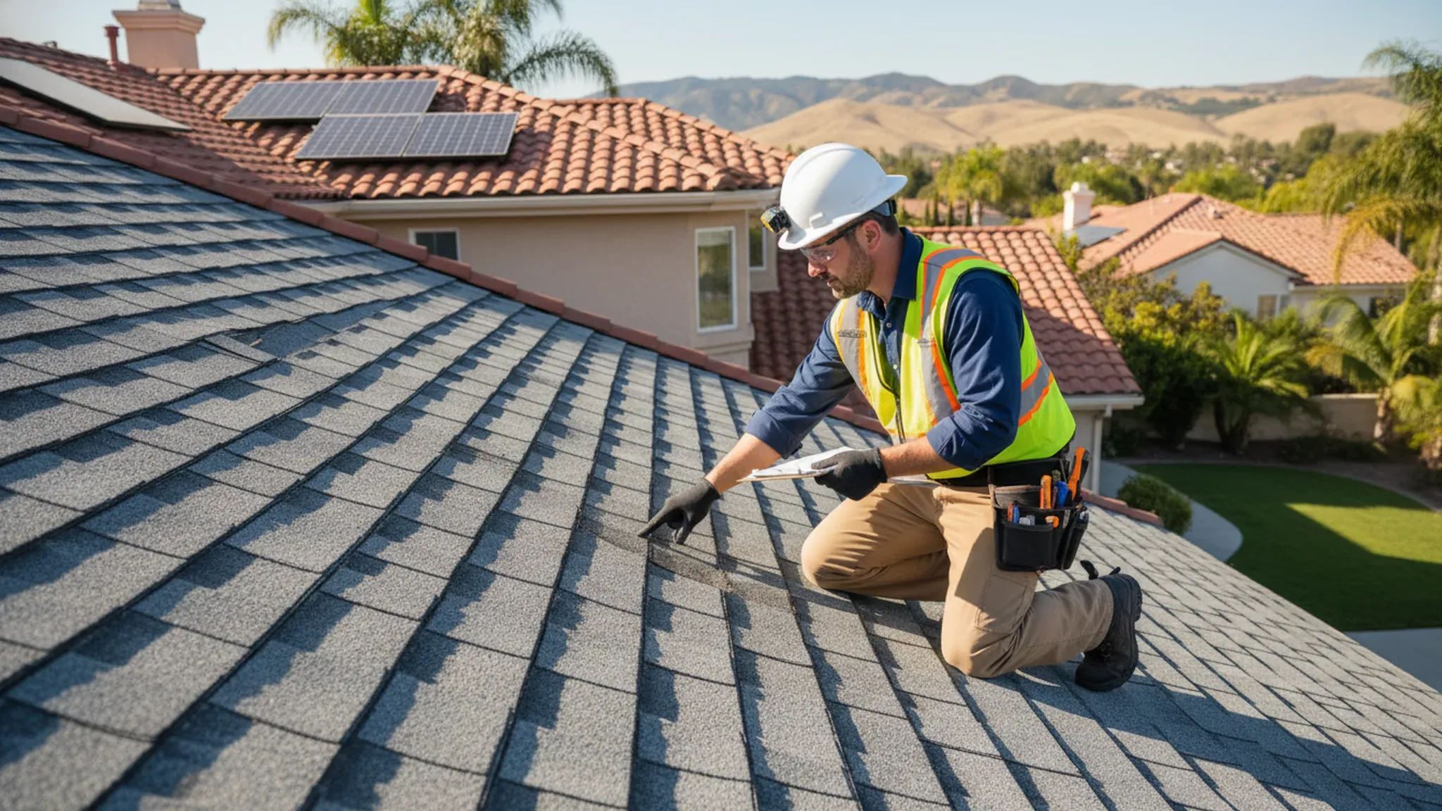 Certified roof inspector examining shingles on a residential home in Southern California