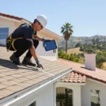 Certified roof inspector examining shingles, flashing, gutters, and roof penetrations on a residential home