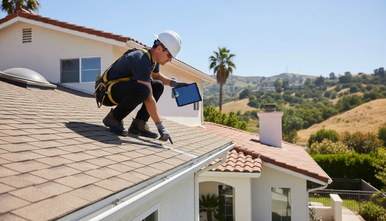 Certified roof inspector examining shingles, flashing, gutters, and roof penetrations on a residential home