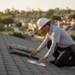 Certified roof inspector examining a residential shingle roof before replacement