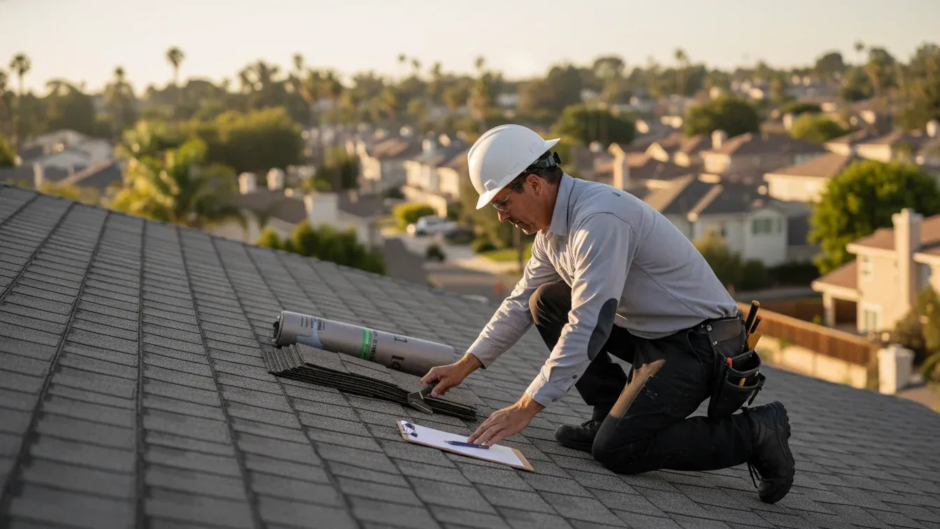 Certified roof inspector examining a residential shingle roof before replacement