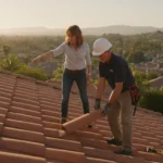 California homebuyer reviewing an older roof with an inspector