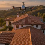 Drone roof inspection over a steep terracotta tile roof in Southern California