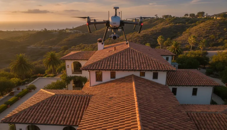 Drone roof inspection over a steep terracotta tile roof in Southern California