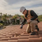 Forensic roof inspector documenting tile roof damage