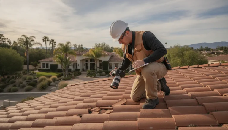 Forensic roof inspector documenting tile roof damage