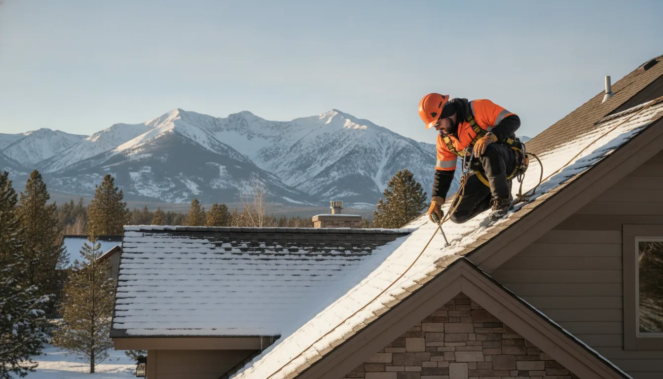 Inspector checking a snow-dusted Western Montana roof