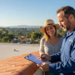 Homeowner reviewing questions to ask a roofer with a roofing contractor