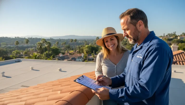 Homeowner reviewing questions to ask a roofer with a roofing contractor