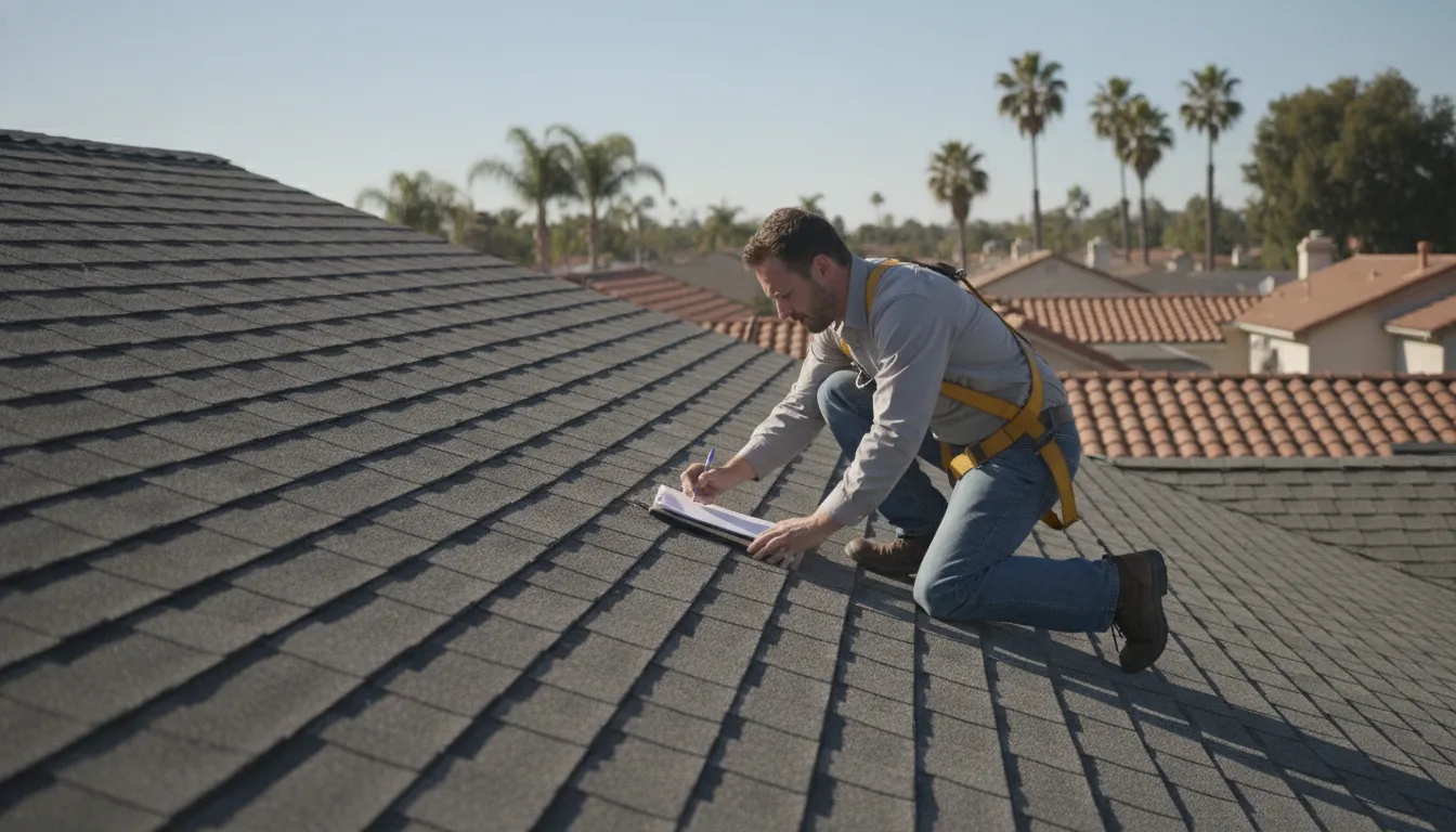Certified roof inspector evaluating a Southern California home for FHA and VA roof certification