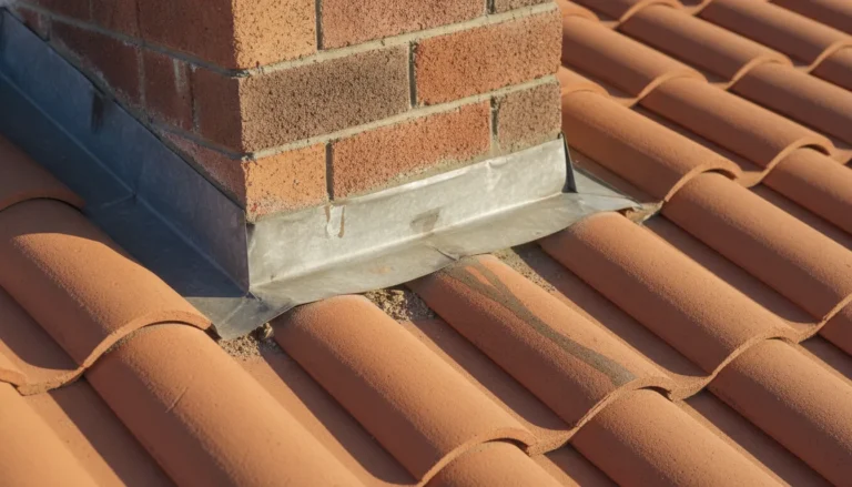 Inspector view of damaged chimney flashing on a tile roof