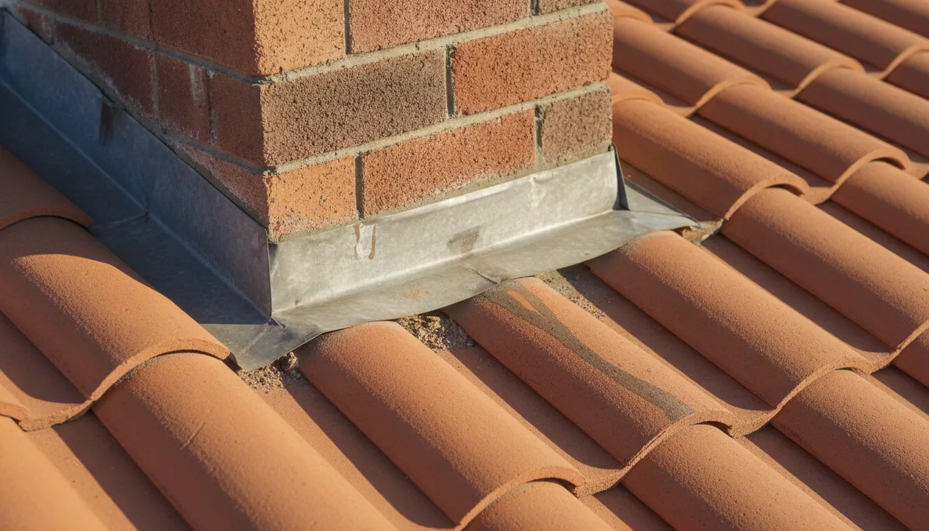 Inspector view of damaged chimney flashing on a tile roof