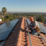 Roof inspector checking solar panel mounts on a Southern California home