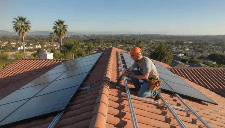 Roof inspector checking solar panel mounts on a Southern California home