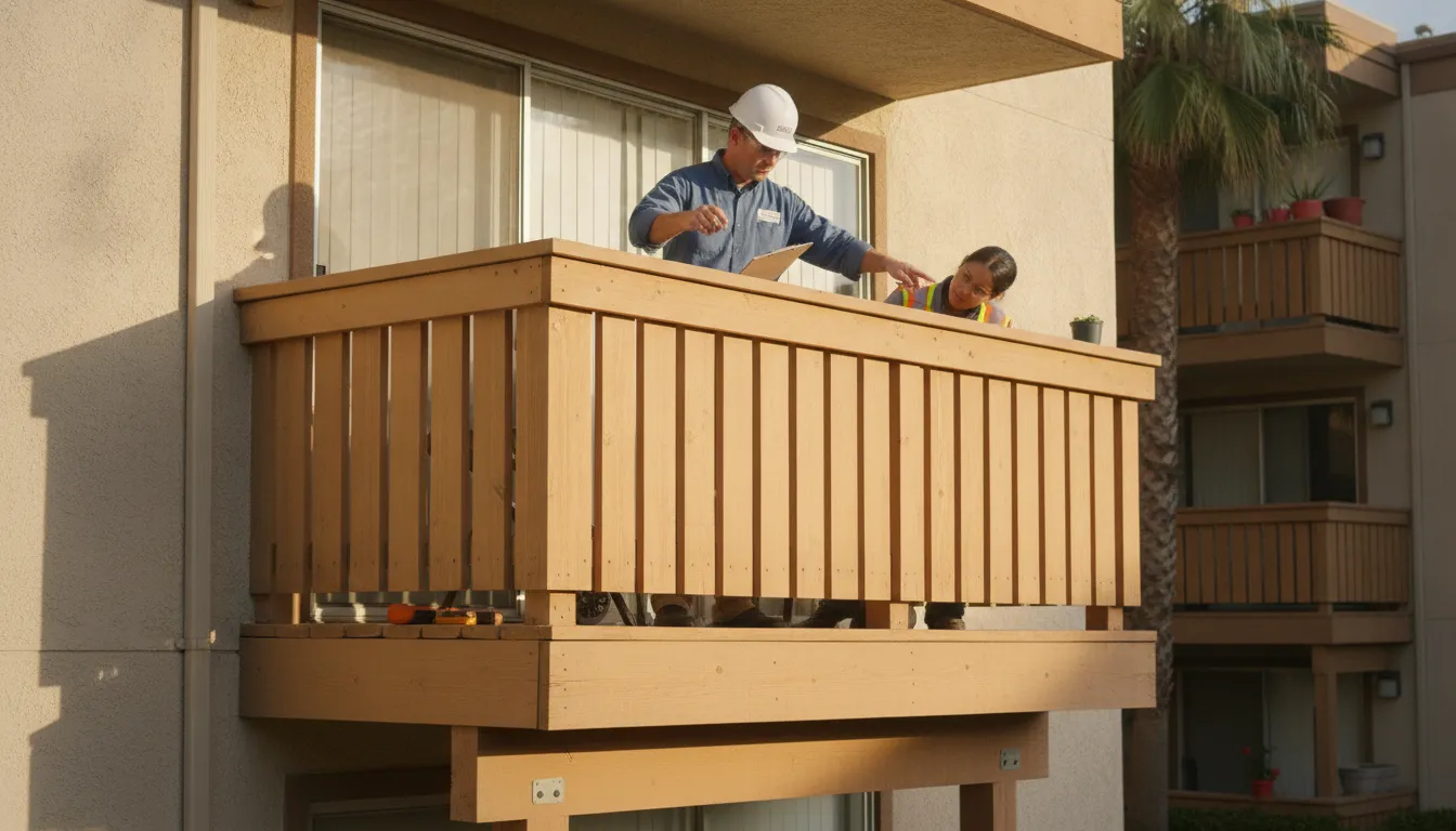 Inspector reviewing a California apartment balcony for the SB 721 reinspection timeline