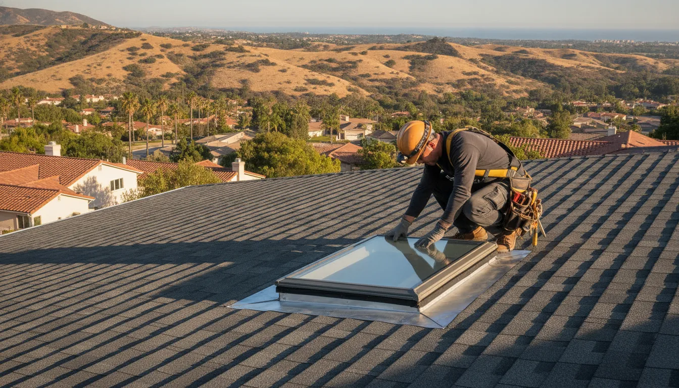 Professional roofer inspecting skylight flashing and seals