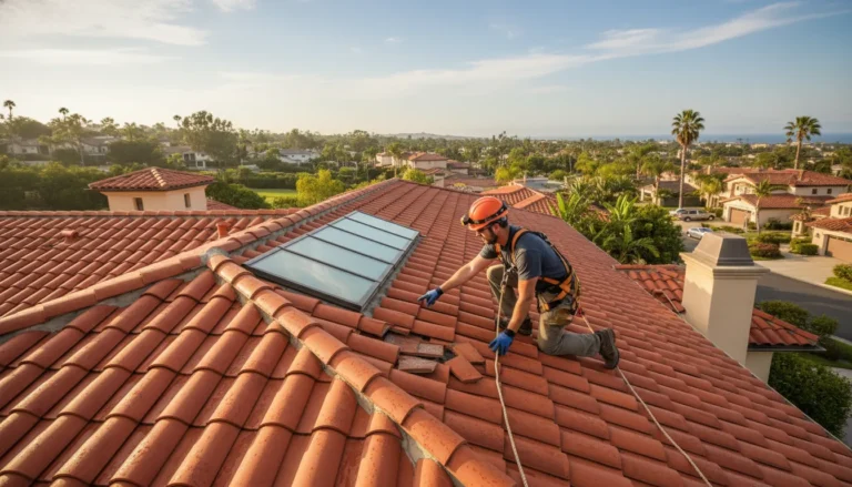 Certified inspector checking an Orange County tile roof leak after rain