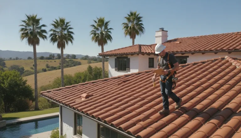 Professional roofer inspecting a residential tile roof in Orange County, California on a sunny spring day