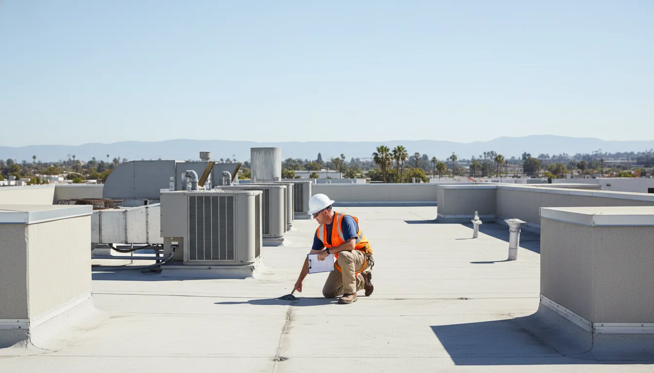 A clean, modern commercial flat roof undergoing professional inspection