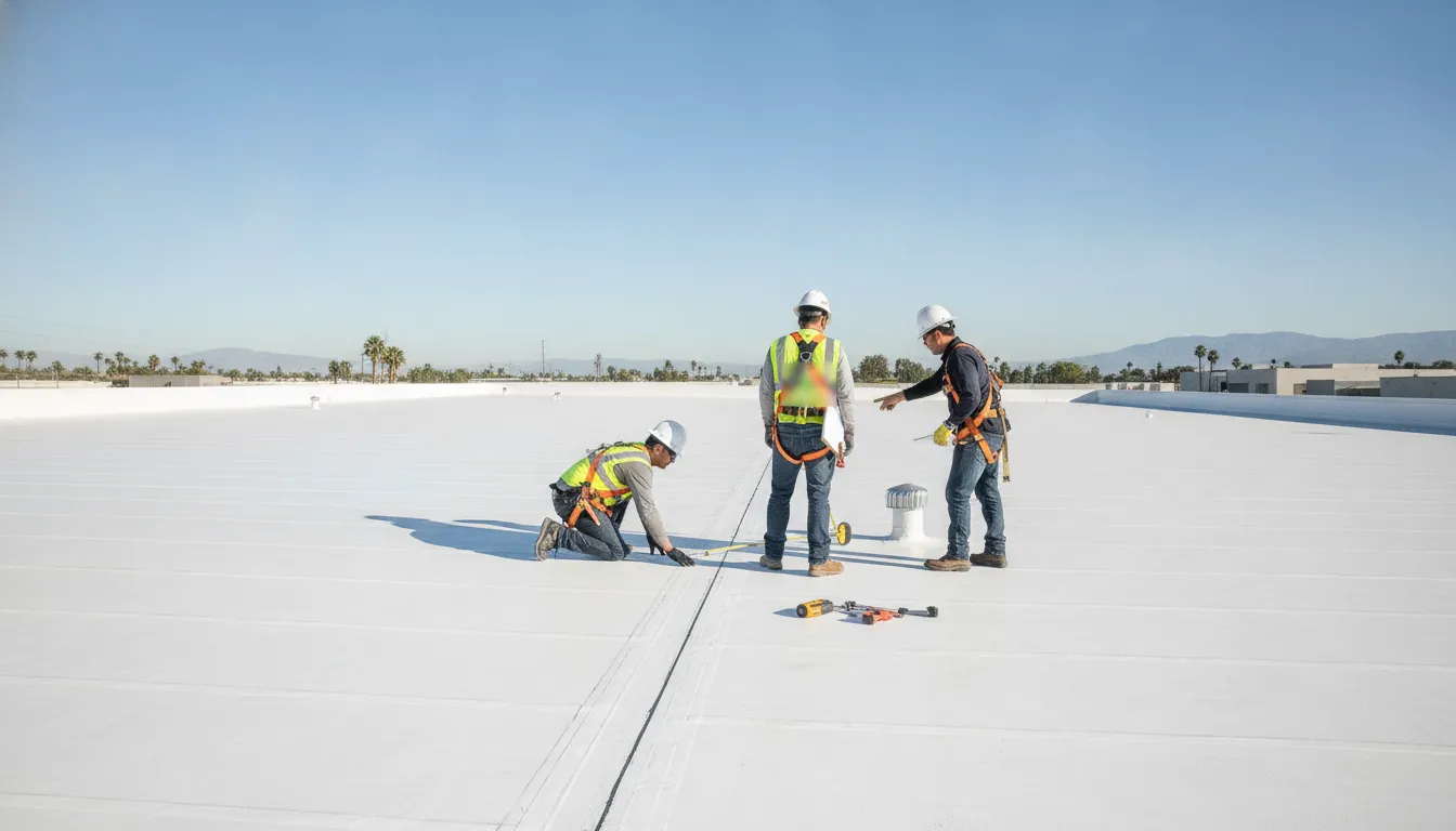 Professional roofing contractor inspecting a commercial flat roof in Southern California