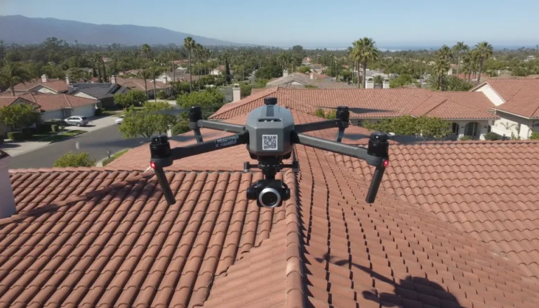 FAA registered drone hovering above a residential clay tile roof in Southern California
