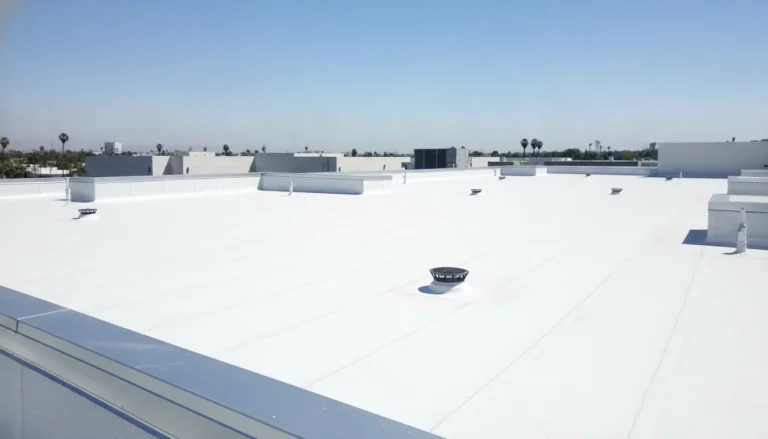 Well-maintained flat roof on a Southern California commercial building with clear drains and membrane surface