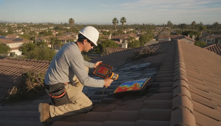 Roofing inspector using thermal imaging camera on Orange County residential roof after a storm