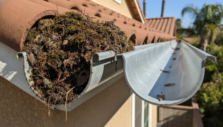 Comparison of clean and clogged residential gutters on a Southern California home