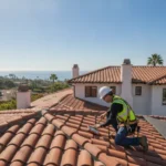 Professional roof inspector examining a residential roof for certification in Orange County California