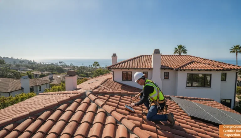 Professional roof inspector examining a residential roof for certification in Orange County California