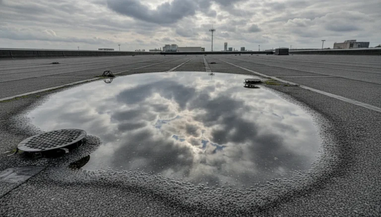 Ponding water on flat roof showing standing water
